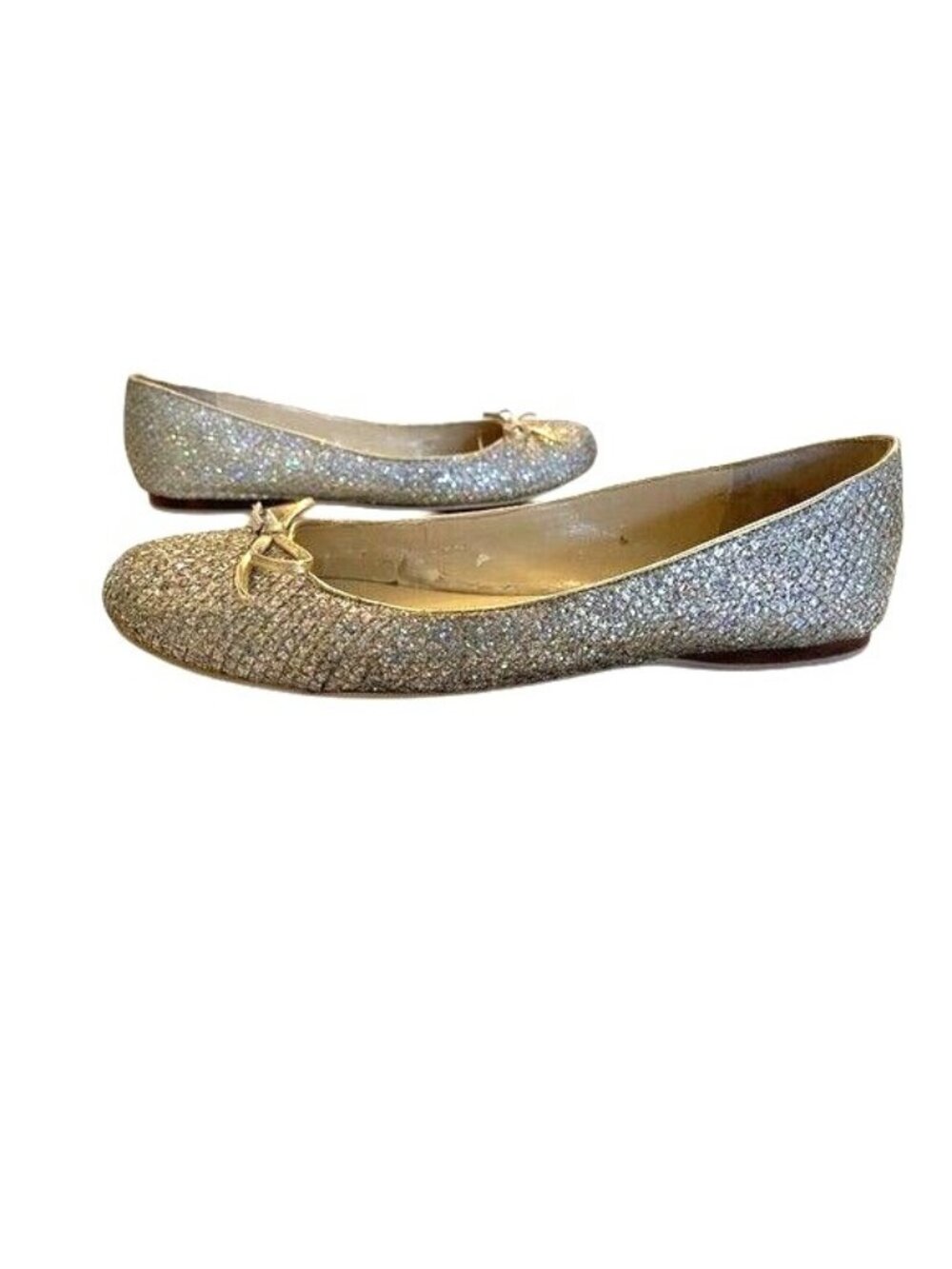 Women 9.5M Gold Silver Glitter Fairy Ballet Flats Bow Detail Enzo Angiolini